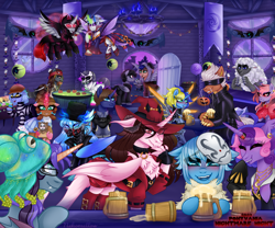 Size: 6000x5000 | Tagged: safe, artist:nekomellow, nightmare moon, ponyvania, g4, clothes, costume, drink, drinking, group, halloween, halloween costume, holiday, nightmare night, party, too many ponies