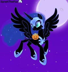 Size: 2546x2701 | Tagged: safe, artist:nocturnal-moonlight, artist:sarahthefox97, nightmare moon, princess luna, alicorn, pony, g4, candy, female, flying, food, halloween, high res, holiday, mare, moon, night, nightmare night, pumpkin bucket, solo, spread wings, wings
