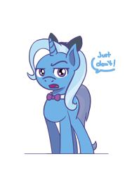 Size: 1350x1800 | Tagged: safe, artist:flutterluv, trixie, pony, unicorn, g4, bowtie, cat ears, eyebrows, raised eyebrow, simple background, solo, speech bubble, transparent background, trixie day, trixie is not amused, unamused