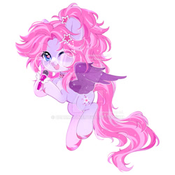 Size: 894x894 | Tagged: safe, artist:miioko, starsong, pegasus, pony, g3, alternate hairstyle, anime style, colored hooves, colored wings, commission, cute, daaaaaaaaaaaw, deviantart watermark, glasses, hairpin, heart, heart eyes, microphone, obtrusive watermark, pink mane, ponytail, redesign, round glasses, simple background, singing, solo, sparkles, sparkly mane, stars, watermark, white background, wingding eyes, wings