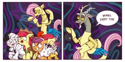 Size: 4268x2112 | Tagged: safe, alternate version, artist:syxpack, apple bloom, discord, scootaloo, sweetie belle, bird, chicken, earth pony, pegasus, pony, unicorn, discordant harmony, g4, scare master, 101 dalmatians, 2 panel comic, animal costume, applejack's hat, breaking the fourth wall, candy, chicken suit, clothes, comic, commission, commissioner:zcord, costume, cowboy, cowboy hat, cruella de vil, cutie mark crusaders, discord being discord, fangs, fluttershy suit, food, halloween, hat, holiday, implied applejack, implied lesbian, implied rainbow dash, implied rarijack, implied rarity, implied shipping, pumpkin bucket, running, scaring, scootachicken, simple background, story included, sweat, talking to viewer, the discord zone, troll