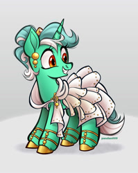 Size: 1593x2000 | Tagged: safe, artist:pandan009, lyra heartstrings, pony, unicorn, g4, alternate hairstyle, clothes, cute, dress, ear piercing, earring, female, gala dress, happy, hoof shoes, jewelry, lyrabetes, mare, piercing, shoes, smiling, solo