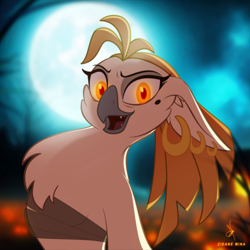 Size: 1980x1980 | Tagged: safe, artist:zidanemina, captain celaeno, avian, bird, ornithian, undead, vampire, anthro, g4, my little pony: the movie, alternate design, bust, halloween, holiday, looking at you, outoors, pirate, portrait, solo