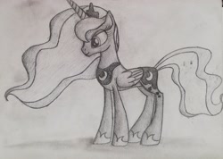 Size: 3001x2135 | Tagged: safe, artist:paajbach, princess luna, alicorn, pony, g4, concave belly, female, high res, mare, monochrome, pencil drawing, slender, solo, thin, traditional art