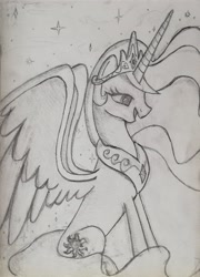 Size: 1906x2640 | Tagged: safe, artist:paajbach, princess celestia, alicorn, pony, g4, concave belly, female, mare, monochrome, pencil drawing, slender, solo, thin, traditional art