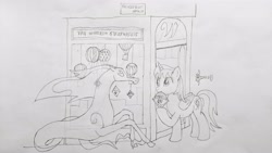 Size: 4000x2252 | Tagged: safe, artist:parclytaxel, oc, oc only, oc:parcly taxel, oc:spindle, alicorn, pony, windigo, ain't never had friends like us, albumin flask, alicorn oc, amsterdam, eye contact, female, food, hoof hold, horn, lineart, looking at each other, looking at someone, lying down, mare, monochrome, netherlands, nom, parcly taxel in europe, pencil drawing, prone, smiling, story included, stroopwafel, traditional art, waffle, windigo oc, wings