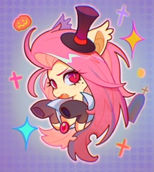 Size: 1553x1738 | Tagged: safe, artist:千雲九枭, fluttershy, bat pony, pony, g4, abstract background, bat ponified, clothes, costume, female, flutterbat, gravestone, halloween, hat, holiday, mare, open mouth, pumpkin, race swap, socks, solo, sparkles, top hat