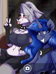 Size: 1700x2250 | Tagged: safe, artist:shadowreindeer, princess luna, alicorn, demon, hellhound, pony, anthro, g4, :p, anthro with ponies, belly, belly button, bust, duo, duo female, eye clipping through hair, female, furry, hellaverse, hellborn, helluva boss, loona (helluva boss), metro, midriff, namesake, peace sign, portrait, pun, red sclera, round belly, selfie, tongue out, visual pun