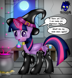 Size: 3840x4154 | Tagged: safe, artist:damlanil, twilight sparkle, alicorn, pony, g4, bell, bell collar, blushing, bubble, butt, cauldron, clothes, collar, comic, costume, cute, female, flask, frog (hoof), glowing, glowing horn, halloween, halloween costume, happy, hat, holiday, horn, latex, latex socks, looking at you, magic, magic aura, mare, moon, night, nightmare night, nightmare night costume, plot, raised hoof, rubber, shiny, show accurate, smiling, smiling at you, socks, solo, speech bubble, spider web, stars, table, talking to viewer, tentacles, text, twiabetes, twibutt, twilight sparkle (alicorn), underhoof, vector, wings, witch, witch hat