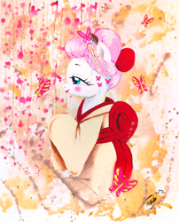 Size: 1462x1808 | Tagged: safe, artist:peachpalette, edit, editor:dsp2003, fluttershy, butterfly, g4, abstract background, clothes, geisha, kimono (clothing), photo, traditional art, upscaled