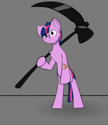 Size: 802x928 | Tagged: safe, artist:cotarsis, twilight sparkle, pony, unicorn, g4, bandage, bipedal, cheek fluff, chest fluff, female, gray background, looking at you, scythe, simple background, sketch, solo, standing