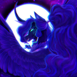 Size: 1024x1024 | Tagged: safe, artist:bluebrushcreations, nightmare moon, princess luna, alicorn, pony, g4, blue eyes, blue mane, chanfron, curved horn, digital art, ear fluff, ethereal mane, eyeshadow, fangs, feather, female, flowing mane, helmet, horn, lidded eyes, looking at you, makeup, mare, moon, moonlight, night, peytral, redraw, signature, sky, smiling, smiling at you, solo, sparkles, spread wings, starry mane, stars, teeth, wings