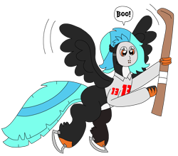 Size: 2639x2321 | Tagged: safe, artist:supahdonarudo, oc, oc only, oc:icebeak, classical hippogriff, hippogriff, clothes, costume, flying, halloween, halloween costume, high res, hockey mask, hockey stick, holding, holiday, jersey, mask, simple background, skates, transparent background