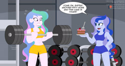 Size: 1892x1000 | Tagged: safe, artist:niban-destikim, princess celestia, princess luna, principal celestia, vice principal luna, human, equestria girls, g4, abs, belly button, breasts, cake, cakelestia, cherry, clothes, dialogue, duo, female, food, fork, frosting, gym, gym shorts, gym uniform, gymnastics, lipstick, midriff, muscles, muscular female, open mouth, patreon, patreon logo, plate, princess muscle moona, princess musclestia, principal musclestia, sleeveless, smiling, speech bubble, sweat, vice principal muscle moona, weight, weight lifting, weights