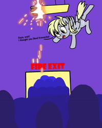 Size: 1200x1506 | Tagged: safe, derpy hooves, pegasus, pony, bronycon, g4, bronycon fire, burnycon, colored, convention, derp, dialogue, female, fire, flying, mare, scene interpretation, spread wings, wings