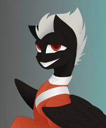 Size: 2500x3000 | Tagged: safe, artist:anastas, oc, oc only, oc:tenebris cornu, pegasus, pony, black coat, black fur, bust, clothes, commission, fangs, gradient background, high res, looking at you, portrait, raised hoof, red eyes, sitting, sketch, smiling, solo, sternocleidomastoid, uniform, white mane