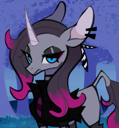 Size: 607x651 | Tagged: safe, artist:spacedkeys, oleander (tfh), classical unicorn, pony, unicorn, them's fightin' herds, clothes, cloven hooves, community related, ear piercing, female, goth, horn, jacket, leonine tail, looking at you, piercing, solo, unshorn fetlocks