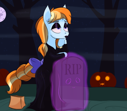 Size: 8000x7000 | Tagged: safe, artist:stoopedhooy, oc, oc only, oc:aurelia coe, ghost, pony, undead, bag, clothes, cosplay, costume, eyeshadow, goth, halloween, halloween costume, holiday, jack-o-lantern, leaning, lipstick, makeup, moon, morticia addams, paper bag, pumpkin, solo