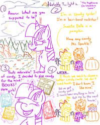Size: 4779x6013 | Tagged: safe, artist:adorkabletwilightandfriends, apple bloom, scootaloo, sweetie belle, twilight sparkle, alicorn, pegasus, pony, spider, comic:adorkable twilight and friends, g4, adorkable, adorkable twilight, autumn, book, bow, clothes, comic, costume, cute, cutie mark crusaders, disappointed, door, dork, excited, eyes closed, funny, halloween, happy, holiday, humor, leaves, magic, nightmare night, pumpkin, rockstar, silly, skintight clothes, slice of life, toilet humor, trick or treat, twilight sparkle (alicorn), yard