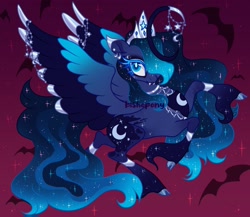 Size: 2048x1780 | Tagged: safe, artist:bishopony, princess luna, alicorn, bat, pony, g4, cloven hooves, colored wings, crescent horn, curved horn, ear piercing, earring, fangs, female, gradient background, hair over one eye, horn, jewelry, long feather, mare, multicolored wings, nightmare night, piercing, rearing, solo, spread wings, wings
