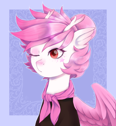 Size: 1250x1360 | Tagged: safe, artist:moewwur, artist:rin-mandarin, oc, oc only, oc:nolinan, pegasus, pony, blue background, bust, clothes, horns, looking sideways, one eye closed, pegasus wings, pink hair, pink mane, portrait, red eyes, simple background, solo, stars, wings, wink