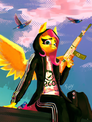 Size: 2916x3888 | Tagged: safe, artist:kainy, fluttershy, bird, pegasus, anthro, g4, counter-strike: global offensive, gun, high res, looking at you, smiling, smiling at you, weapon