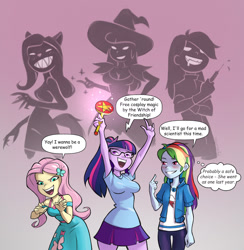 Size: 1600x1637 | Tagged: safe, artist:vyazinrei, fluttershy, rainbow dash, twilight sparkle, werewolf, equestria girls, g4, clothes, comic, cosplay, costume, evil grin, gradient background, grin, halloween, hat, holiday, magic, ope, smiling, witch, witch hat