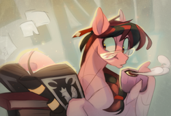 Size: 2577x1754 | Tagged: safe, artist:feelinnglad, derpibooru exclusive, oc, oc only, oc:july red pencil, pegasus, pony, book, bookshelf, braid, cute, food, glasses, notes, pencil, pencil behind ear, reading, solo, sternocleidomastoid, tea, wing hands, wing hold, wings