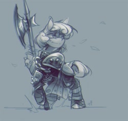 Size: 2048x1943 | Tagged: safe, artist:feelinnglad, derpibooru exclusive, oc, oc:natrix capefiv, earth pony, pony, armor, female, halberd, mare, solo, standing on two hooves, weapon
