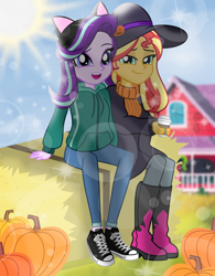 Size: 7000x8976 | Tagged: safe, artist:emeraldblast63, starlight glimmer, sunset shimmer, equestria girls, g4, boots, clothes, coffee cup, converse, cup, denim, duo, duo female, female, hat, hay bale, high heel boots, hoodie, jacket, jeans, pants, pumpkin, scarf, shirt, shoes, sun