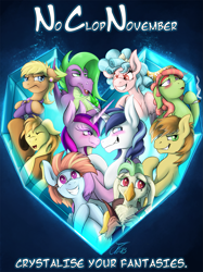 Size: 1387x1850 | Tagged: safe, artist:jamescorck, braeburn, captain celaeno, cozy glow, feather bangs, ms. harshwhinny, princess cadance, shining armor, spike, tree hugger, windy whistles, alicorn, bird, earth pony, ornithian, parrot pirates, pegasus, pony, unicorn, anthro, g4, blushing, crossed hooves, crystal heart, fanfic, fanfic art, fanfic cover, female, horn, male, mare, no clop november, older, older cozy glow, older spike, pirate, stallion