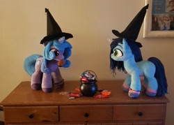 Size: 2743x1960 | Tagged: safe, artist:melodis, izzy moonbow, misty brightdawn, pony, unicorn, g5, candy, cookie, duo, female, food, halloween, hat, holiday, irl, looking at each other, looking at someone, mare, nightmare night, photo, plushie, witch hat