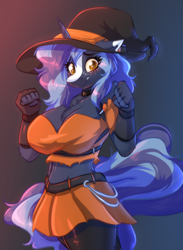 Size: 2928x4000 | Tagged: safe, artist:witchtaunter, oc, oc:witching hour, anthro, big breasts, blaze (coat marking), blushing, breasts, clothes, coat markings, costume, embarrassed, facial markings, female, halloween, hat, holiday, huge breasts, rule 63, skirt, solo, witch, witch hat
