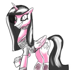 Size: 678x664 | Tagged: safe, artist:ara, princess cadance, alicorn, pony, g4, black mane, choker, collar, doodle, evil cadance, eyeliner, female, fishnet stockings, goth, makeup, mare, metal, simple background, solo, spiked choker, white background