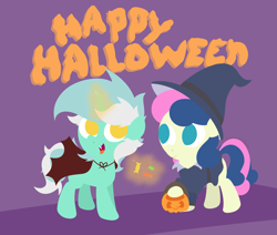 Size: 4123x3491 | Tagged: safe, artist:background basset, bon bon, lyra heartstrings, sweetie drops, earth pony, pony, unicorn, g4, candy, clothes, costume, duo, food, halloween, halloween costume, holiday, lineless, pumpkin bucket, simple background, text