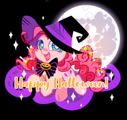 Size: 1250x1180 | Tagged: safe, artist:yokokinawa, pinkie pie, g4, bowtie, chibi, cloud, halloween, happy halloween, hat, heart, heart eyes, holiday, moon, sparkles, wingding eyes, witch hat