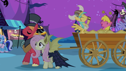 Size: 1920x1080 | Tagged: safe, anonymous artist, edit, edited screencap, screencap, big macintosh, cherry berry, cloud kicker, fluttershy, minuette, sunshower raindrops, earth pony, pegasus, pony, g4, luna eclipsed, .ai available, ^^, animal costume, bee costume, cart, cloak, clothes, costume, dress, eyeliner, eyes closed, fake ears, fake fangs, fake flutterbat, female, flutterbat costume, grin, hat, helmet, horned helmet, mac the ripper, makeup, male, mare, nightmare night, nightmare night costume, open mouth, open smile, ship:fluttermac, shipping, smiling, stallion, straight, top hat, viking helmet, witch costume, witch hat, witch kicker