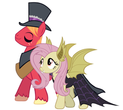 Size: 4000x3600 | Tagged: safe, anonymous artist, big macintosh, fluttershy, earth pony, pegasus, pony, g4, cloak, clothes, costume, dress, duo, duo male and female, eyeliner, eyes closed, fake ears, fake fangs, fake flutterbat, female, flutterbat costume, hat, high res, mac the ripper, makeup, male, mare, nightmare night costume, ship:fluttermac, shipping, simple background, smiling, spread wings, stallion, straight, top hat, transparent background, vector, wings