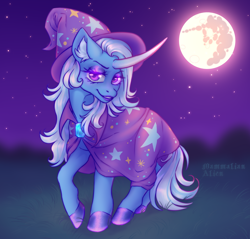 Size: 3364x3220 | Tagged: safe, artist:mammalian_alien, trixie, pony, unicorn, g4, cape, clothes, eyeshadow, female, grass, hat, high res, hoof polish, lipstick, looking at you, makeup, mare, mare in the moon, moon, solo, stars, trixie's brooch, trixie's cape, trixie's hat