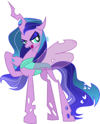 Size: 7296x9034 | Tagged: safe, artist:shootingstarsentry, oc, oc only, oc:willow, changeling, changeling queen, absurd resolution, changeling oc, changeling queen oc, concave belly, eyeshadow, fangs, female, hoof on chest, insect wings, lanky, lidded eyes, makeup, open mouth, open smile, simple background, skinny, smiling, solo, spread wings, tall, thin, transparent background, wings