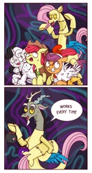 Size: 2216x4122 | Tagged: safe, alternate version, artist:syxpack, editor:zcord, apple bloom, discord, scootaloo, sweetie belle, bird, chicken, earth pony, pegasus, pony, unicorn, discordant harmony, g4, scare master, 101 dalmatians, 2 panel comic, animal costume, applejack's hat, breaking the fourth wall, candy, chicken suit, clothes, comic, commission, commissioner:zcord, costume, cowboy, cowboy hat, cruella de vil, cutie mark crusaders, discord being discord, fangs, fluttershy suit, food, halloween, hat, holiday, implied applejack, implied lesbian, implied rainbow dash, implied rarijack, implied rarity, implied shipping, pumpkin bucket, running, scaring, scootachicken, simple background, story included, sweat, talking to viewer, the discord zone, troll, vertical