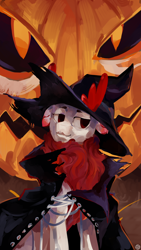 Size: 1440x2560 | Tagged: safe, artist:krapinkaius, velvet (tfh), deer, them's fightin' herds, cape, clothes, community related, costume, glowing, glowing eyes, halloween, halloween costume, hat, holiday, jack-o-lantern, makeup, pumpkin, smiling, witch hat