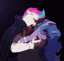 Size: 1546x1475 | Tagged: safe, artist:aztrial, izzy moonbow, zipp storm, undead, unicorn, vampire, anthro, g5, cape, chiaroscuro, clothes, dark background, duo, fangs, imminent bite, imminent biting, vampirism