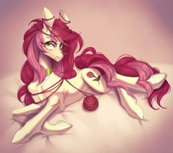 Size: 2560x2258 | Tagged: safe, artist:meggychocolatka, roseluck, pony, g4, behaving like a cat, collar, commission, commissioner:doom9454, concave belly, cute, high res, lying down, pony pet, ribcage, rosepet, thin, yarn, yarn ball