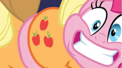 Size: 492x274 | Tagged: safe, screencap, applejack, pinkie pie, earth pony, pony, g4, shadow play, applebutt, butt, butt touch, butthug, female, mare, pinkie hugging applejack's butt, smiling