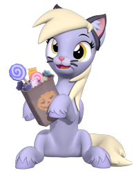 Size: 800x1000 | Tagged: safe, artist:owlpirate, derpy hooves, pegasus, pony, g4, 3d, animal costume, bag, candy, cat costume, clothes, costume, cute, derpabetes, female, food, halloween, halloween costume, hoof hold, lollipop, mare, nightmare night costume, paper bag, simple background, solo, source filmmaker, transparent background