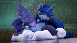 Size: 3840x2160 | Tagged: safe, artist:chyvak, princess luna, alicorn, pony, g4, 3d, 3d model, clothes, cloud, female, figurine, flower, high res, lying down, lying on a cloud, mare, mouth hold, on a cloud, panties, prone, rose, solo, spread wings, stockings, sultry pose, thigh highs, underwear, wings