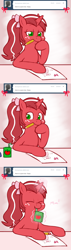 Size: 722x2554 | Tagged: safe, artist:redintravenous, oc, oc:red ribbon, pony, unicorn, ask red ribbon, ask, female, juice, juice box, magic, mare, mouth hold, pencil, solo