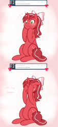 Size: 1000x2198 | Tagged: safe, artist:redintravenous, oc, oc:red ribbon, pony, unicorn, ask red ribbon, blushing, bow, female, hair bow, mare, solo