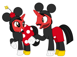 Size: 2250x1655 | Tagged: safe, artist:mickey1909, oc, oc only, oc:mickey motion, oc:minnie motion, pony, unicorn, clothes, costume, disney, dress, ears, female, male, mickey mouse, minnie mouse, shorts, simple background, smiling, transparent background